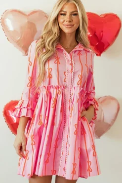 Hot Dear-Lover Bowknot Striped Printed Tiered Ruffled Mini Shirt Dress Pink