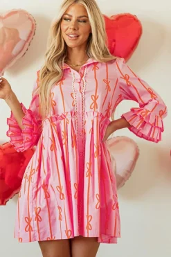 Hot Dear-Lover Bowknot Striped Printed Tiered Ruffled Mini Shirt Dress Pink