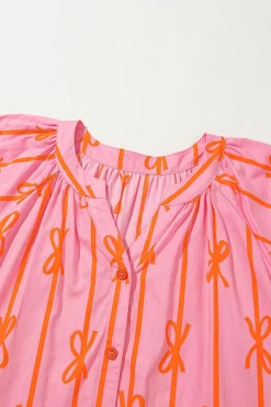 Discount Dear-Lover Bowknot Striped Printed Bubble Sleeve Buttoned Belted Mini Dress Pink