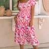 Sale Dear-Lover Brush Stroke Printed Smocked Ruffle Tiered Dress Pink