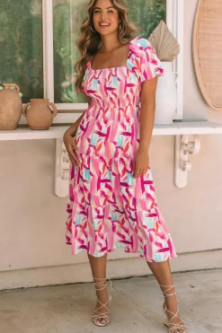 Sale Dear-Lover Brush Stroke Printed Smocked Ruffle Tiered Dress Pink