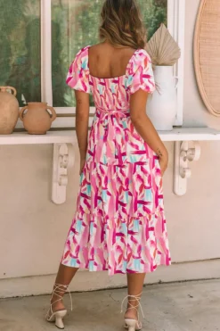 Sale Dear-Lover Brush Stroke Printed Smocked Ruffle Tiered Dress Pink