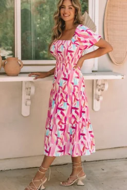Sale Dear-Lover Brush Stroke Printed Smocked Ruffle Tiered Dress Pink