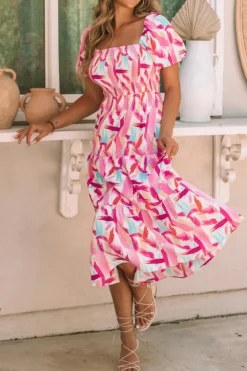 Sale Dear-Lover Brush Stroke Printed Smocked Ruffle Tiered Dress Pink