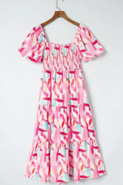 Sale Dear-Lover Brush Stroke Printed Smocked Ruffle Tiered Dress Pink