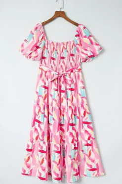Sale Dear-Lover Brush Stroke Printed Smocked Ruffle Tiered Dress Pink