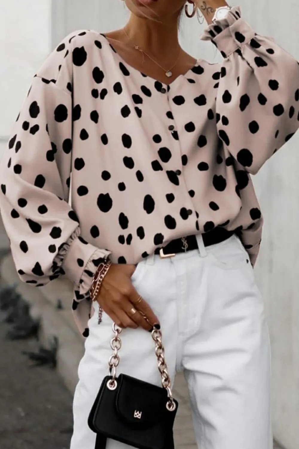 Fashion Dear-Lover Button Frill Cuffs Oversize Puff Sleeve Blouse Pink