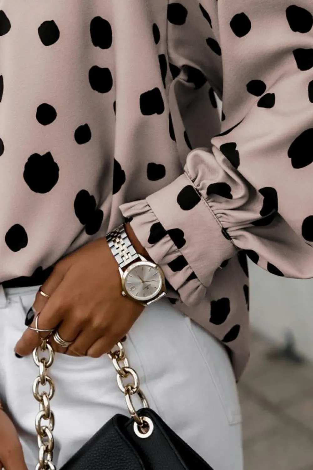 Fashion Dear-Lover Button Frill Cuffs Oversize Puff Sleeve Blouse Pink