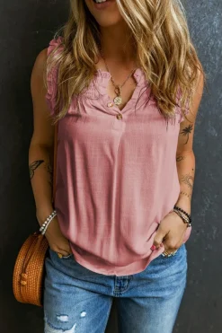 Discount Dear-Lover Button Split Neck Ruffled Trim Tank Top Pink