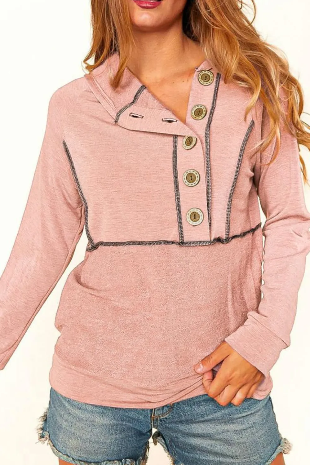 Best Dear-Lover Buttons Front Princess Line Out Seam Hoodie Pink