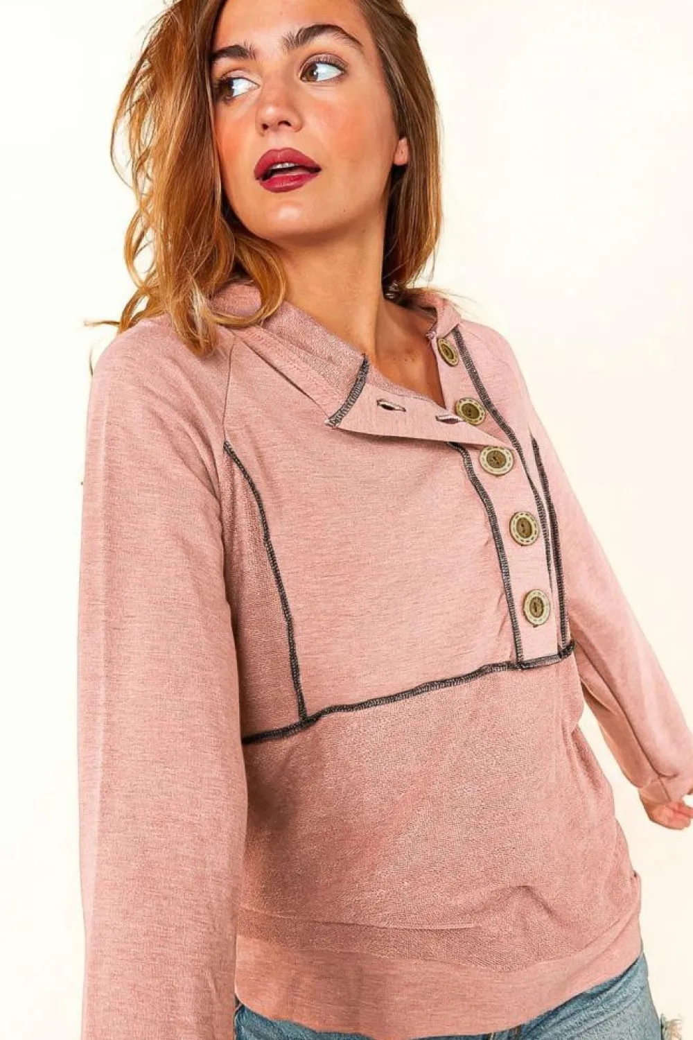 Best Dear-Lover Buttons Front Princess Line Out Seam Hoodie Pink