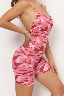 Clearance Dear-Lover Camouflage Strappy Open Back Active Romper Pink