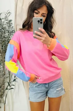 New Dear-Lover Candy Colorblock French Terry Top Pink