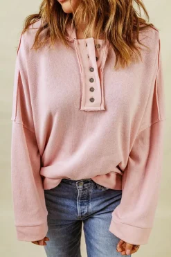 Best Dear-Lover Casual Button Solid Patchwork Trim Hoodie Pink