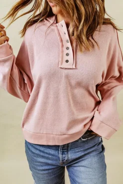Best Dear-Lover Casual Button Solid Patchwork Trim Hoodie Pink