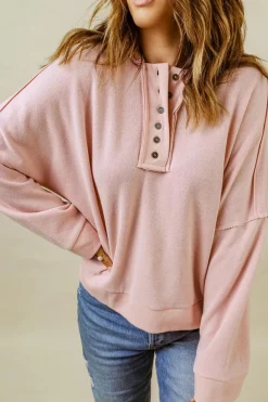 Best Dear-Lover Casual Button Solid Patchwork Trim Hoodie Pink