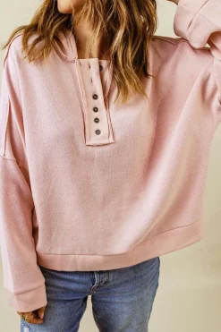 Best Dear-Lover Casual Button Solid Patchwork Trim Hoodie Pink