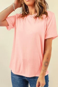 Online Dear-Lover Casual Plain Crew Neck Tee Pink