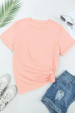 Online Dear-Lover Casual Plain Crew Neck Tee Pink
