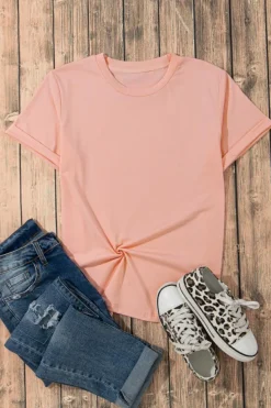 Online Dear-Lover Casual Plain Crew Neck Tee Pink