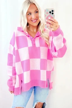 Hot Dear-Lover Checkerboard Half Button Collared Drop Shoulder Sweater Pink