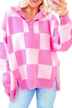 Hot Dear-Lover Checkerboard Half Button Collared Drop Shoulder Sweater Pink