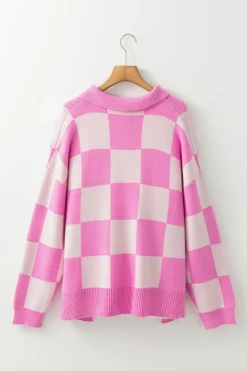 Hot Dear-Lover Checkerboard Half Button Collared Drop Shoulder Sweater Pink