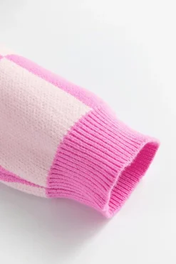 Hot Dear-Lover Checkerboard Half Button Collared Drop Shoulder Sweater Pink