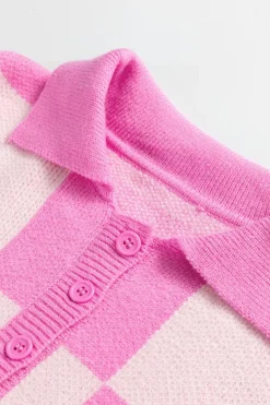 Hot Dear-Lover Checkerboard Half Button Collared Drop Shoulder Sweater Pink