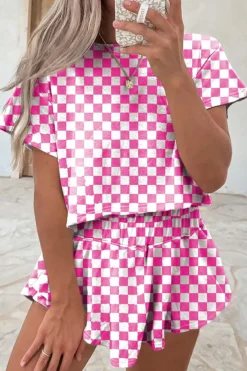 New Dear-Lover Checkerboard T Shirt and High Waist Skorts 2 Piece Outfit Pink