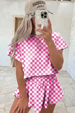 New Dear-Lover Checkerboard T Shirt and High Waist Skorts 2 Piece Outfit Pink