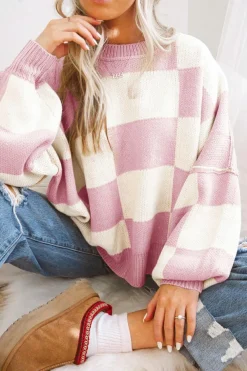 Best Dear-Lover Checkered Bishop Sleeve Sweater Pink