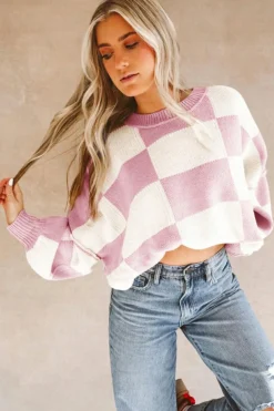 Best Dear-Lover Checkered Bishop Sleeve Sweater Pink