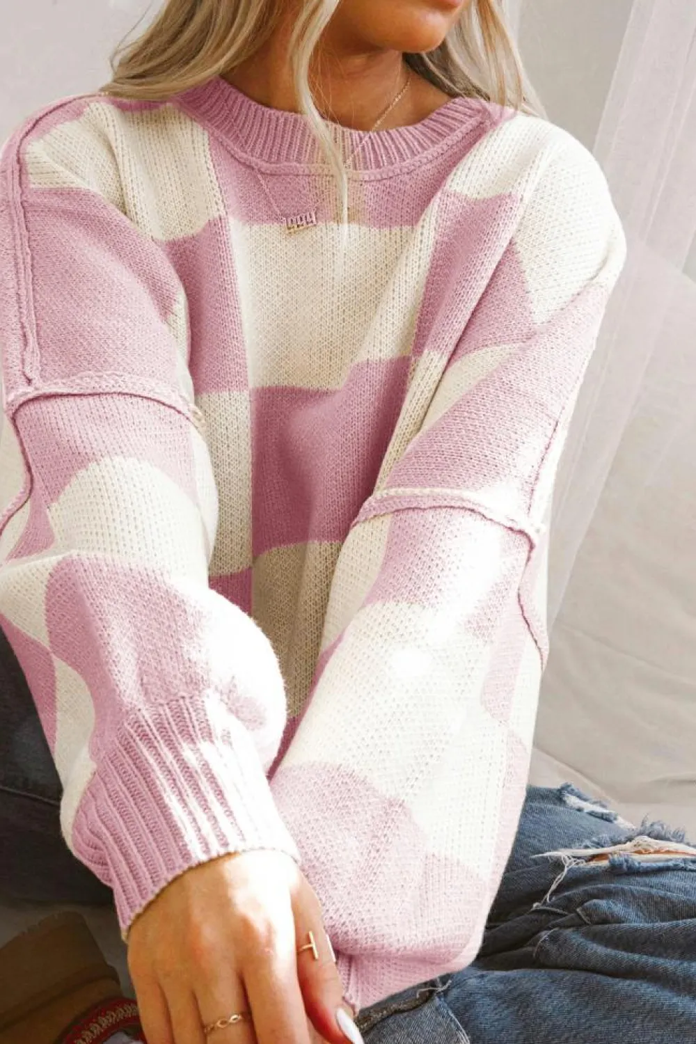 Best Dear-Lover Checkered Bishop Sleeve Sweater Pink