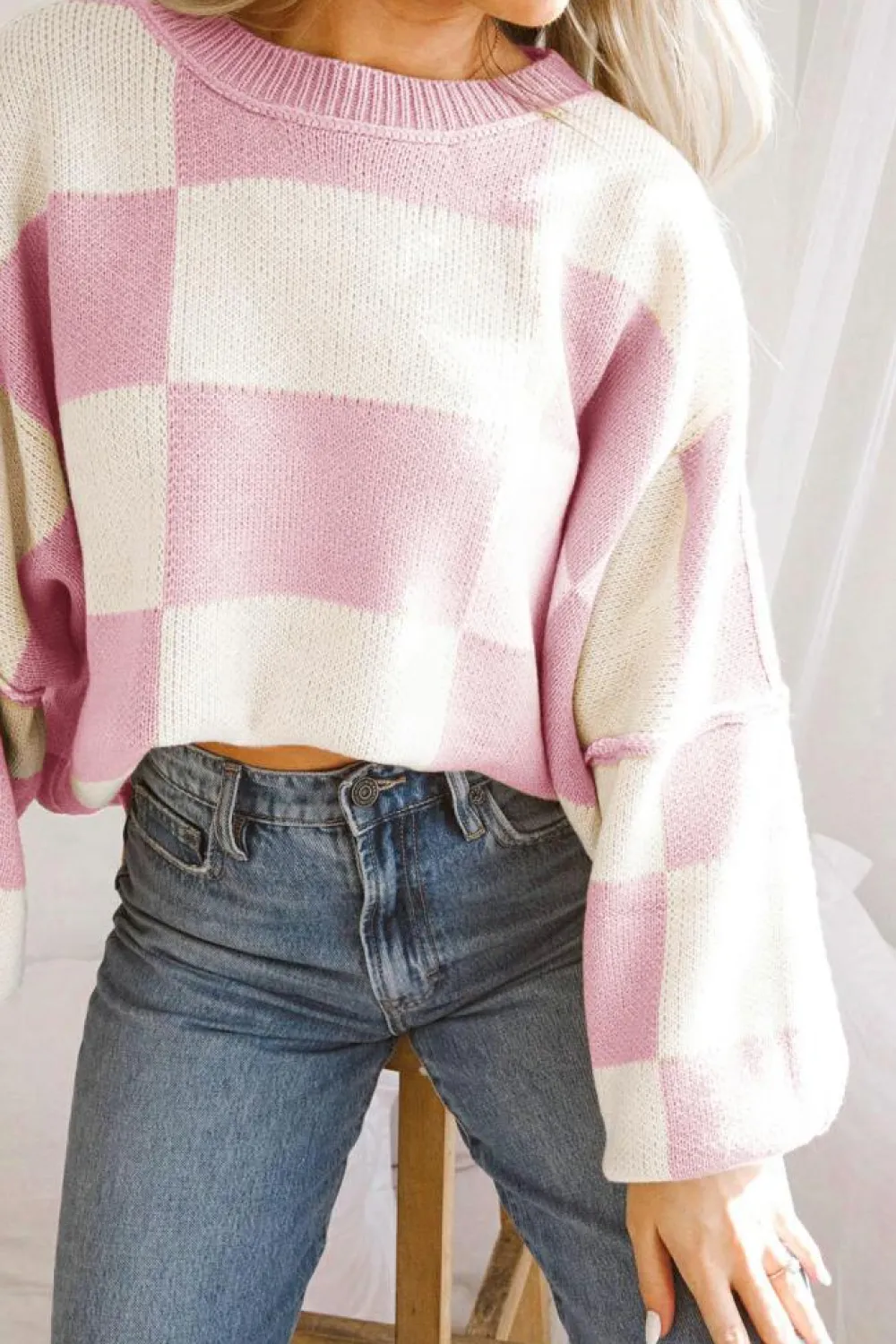 Best Dear-Lover Checkered Bishop Sleeve Sweater Pink