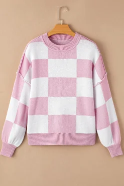 Best Dear-Lover Checkered Bishop Sleeve Sweater Pink