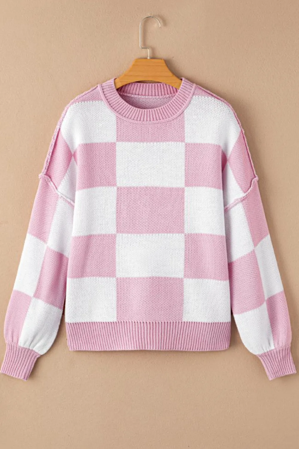Best Dear-Lover Checkered Bishop Sleeve Sweater Pink
