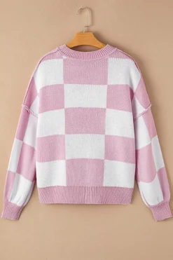 Best Dear-Lover Checkered Bishop Sleeve Sweater Pink