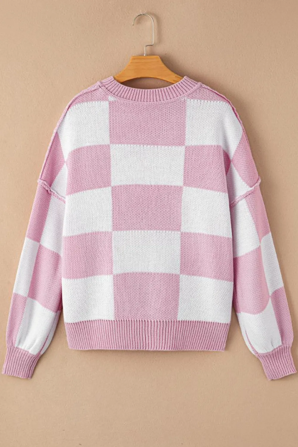 Best Dear-Lover Checkered Bishop Sleeve Sweater Pink
