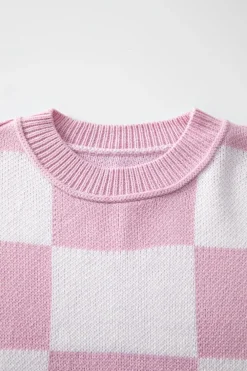 Best Dear-Lover Checkered Bishop Sleeve Sweater Pink