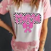 Best Dear-Lover Checkered Bow MAMA Graphic Tie-dye Tee Pink