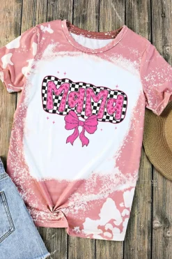 Best Dear-Lover Checkered Bow MAMA Graphic Tie-dye Tee Pink