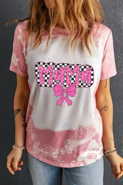 Best Dear-Lover Checkered Bow MAMA Graphic Tie-dye Tee Pink