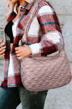 Clearance Dear-Lover Checkered Bubble Textured Zipped Large Tote Bag Pink