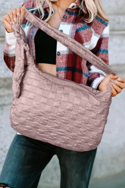 Clearance Dear-Lover Checkered Bubble Textured Zipped Large Tote Bag Pink