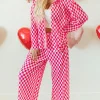 Sale Dear-Lover Checkered Buttoned Shirt and High Waist Pants Pajama Set Pink
