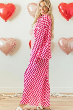 Sale Dear-Lover Checkered Buttoned Shirt and High Waist Pants Pajama Set Pink