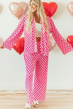 Sale Dear-Lover Checkered Buttoned Shirt and High Waist Pants Pajama Set Pink