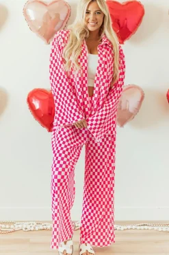 Sale Dear-Lover Checkered Buttoned Shirt and High Waist Pants Pajama Set Pink