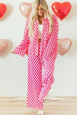 Sale Dear-Lover Checkered Buttoned Shirt and High Waist Pants Pajama Set Pink